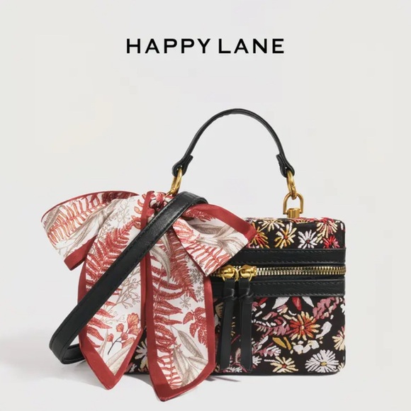 Happy Lane Handbags - Floral Embroidered Box Bag Crossbody Top Handle w/ Scarf NIP